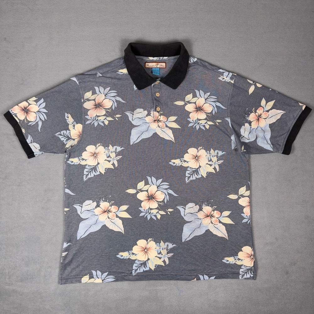 Paradise Blue Floral Polo Shirt Mens‎ L Gray Tropical Hibiscus Hawaiian Vacation